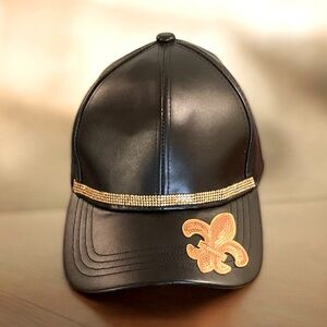 Saints Fleur De Lis Black Faux Leather Baseball Hat